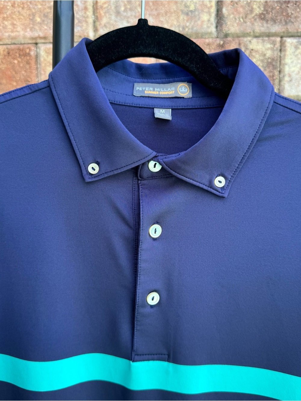 Peter Millar Summer Comfort Navy Button Down Polo with Teal Chest Stripe